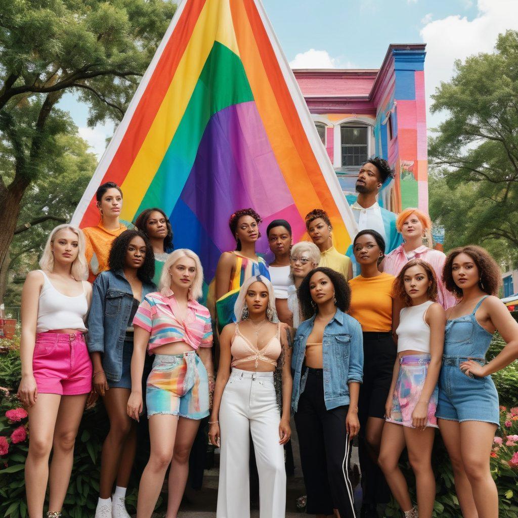 A vibrant and inclusive collage depicting diverse individuals from the trans community expressing their unique gender identities through fashion, art, and body language. Incorporate colorful transgender pride flags weaving throughout the scene, with each person showcasing their personal story in a setting filled with urban elements like murals, parks, and cafés. Highlight expressions of joy, confidence, and resilience. super-realistic. vibrant colors. white background.