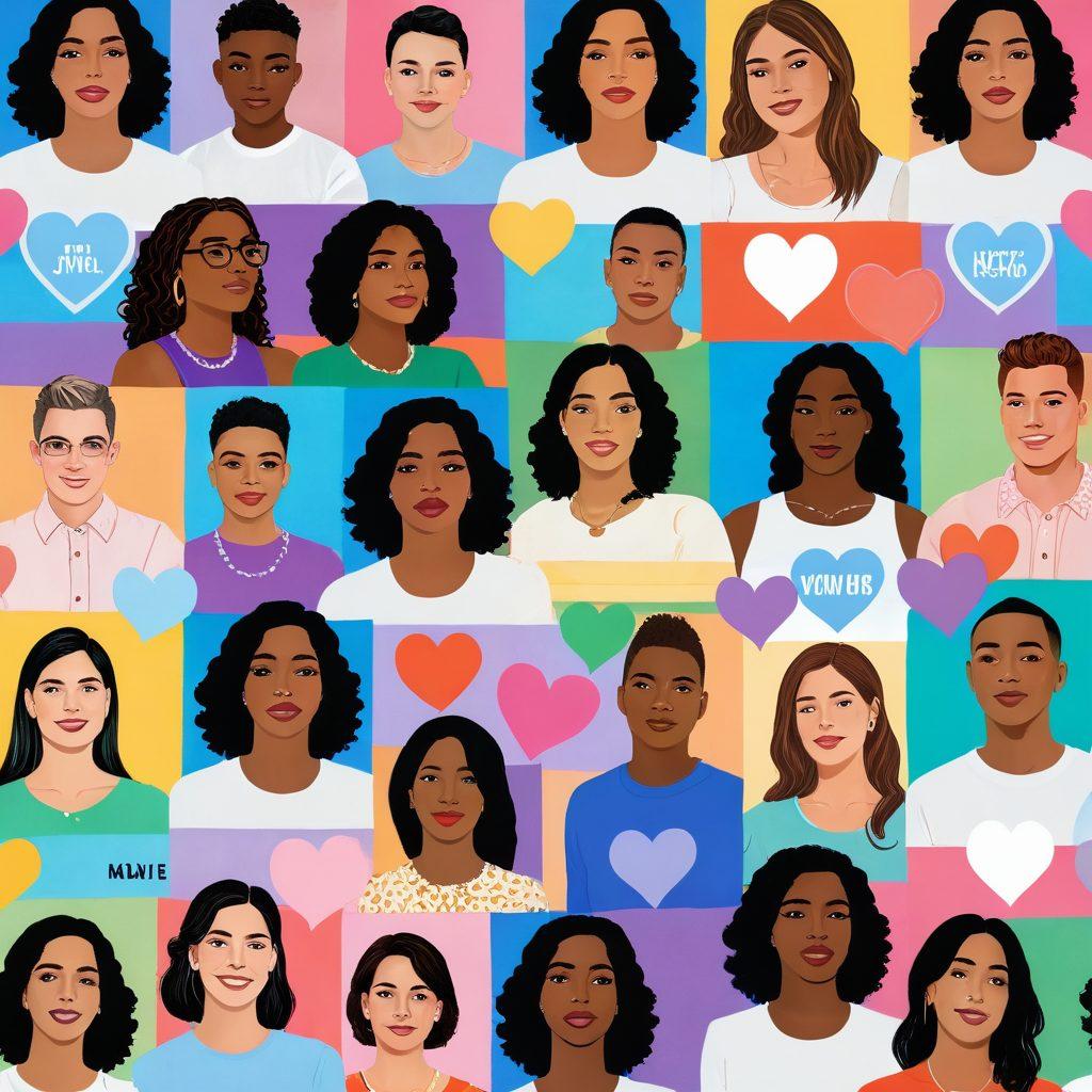 A vibrant collage showcasing diverse transgender individuals sharing their personal stories in a media setting, surrounded by symbols of acceptance and love. Include film reels, social media icons, and empowering quotes in various colors, highlighting the spectrum of identities. The background features soft gradients representing the spectrum of the transgender flag. super-realistic. vibrant colors.